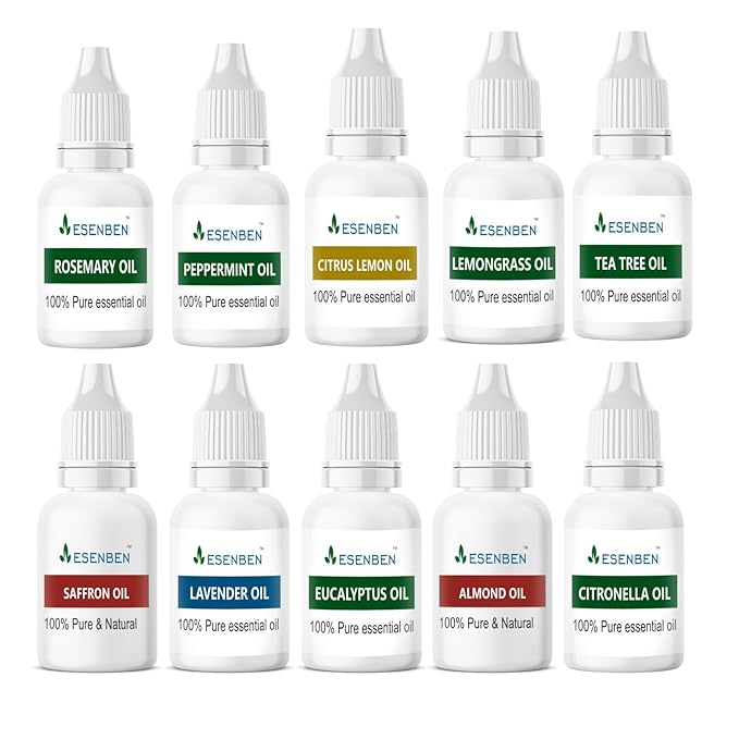 Essential Oils Set, 10 Bottles Pure Natural Oils Collection, Rosemary, Peppermint, Citrus Lemon, Lemongrass, Tea Tree, Saffron, Lavender, Eucalyptus, Almond, Citronella